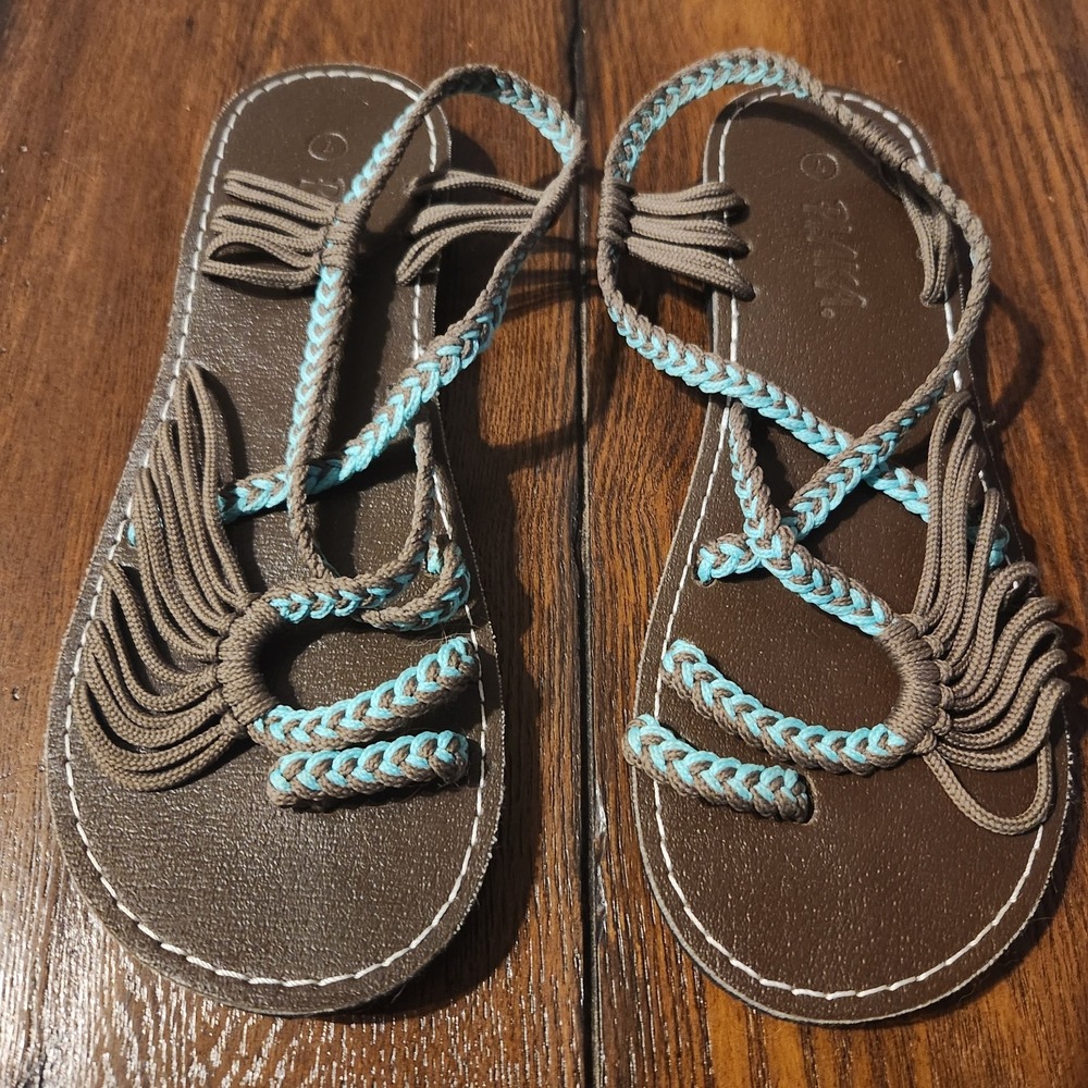 Plaka‎ Oceanside Flip Flop Sandal Size 7 Turquoise & Brown Beach Resort Summer